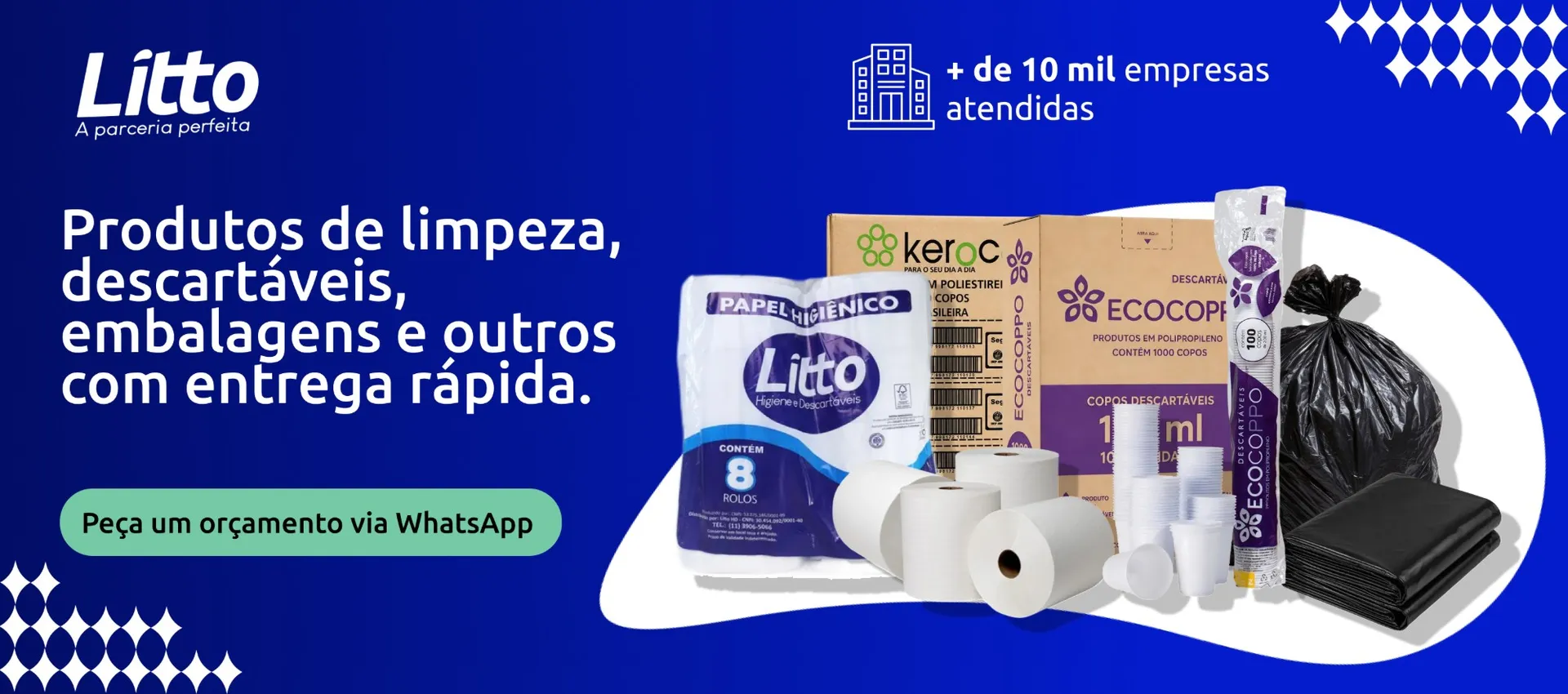 Litto, a parceria perfeita: produtos de limpeza, descartáveis, embalagens e outros com entrega rápida. Mais de 10 mil empresas atendidas. Peça um orçamento via WhatsApp.